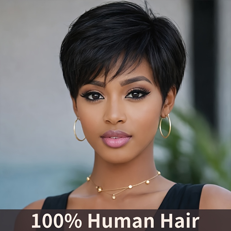 Image of Women's Brazilian Human Hair Wig | Natural Looking Short Cut, 150% Density, Ultra-thin Cap, Natural Black, Straight Hair, High Volume & , Suitable For Daily & Special Occasions