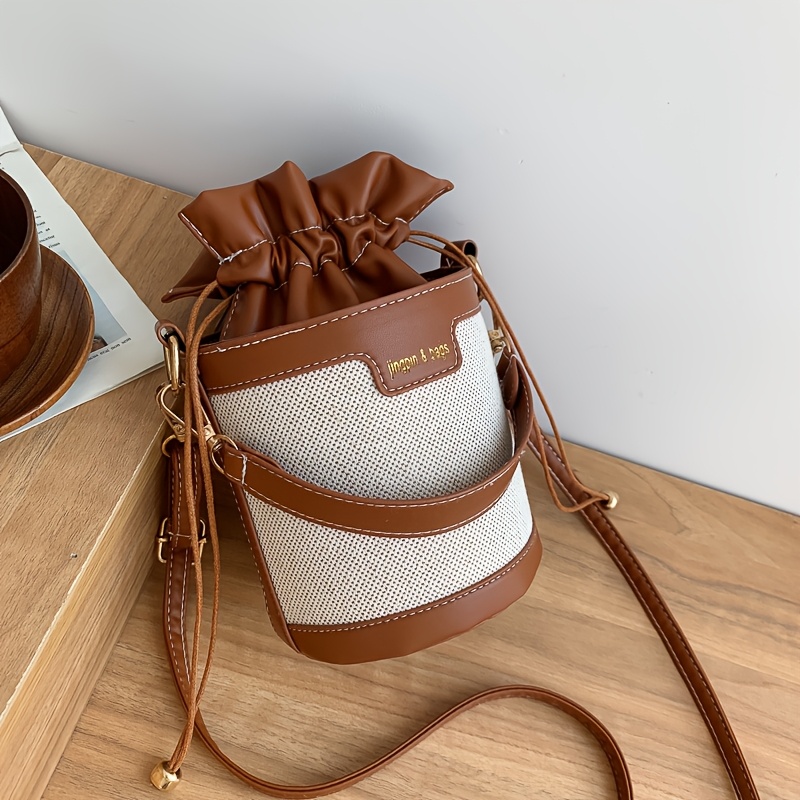 TEMU Edition 1pc Versatile & Pu Bucket Bag, Contrast Color Cylindrical Drawstring Cinch Crossbody Bag, For Daily Commuting/campus Use
