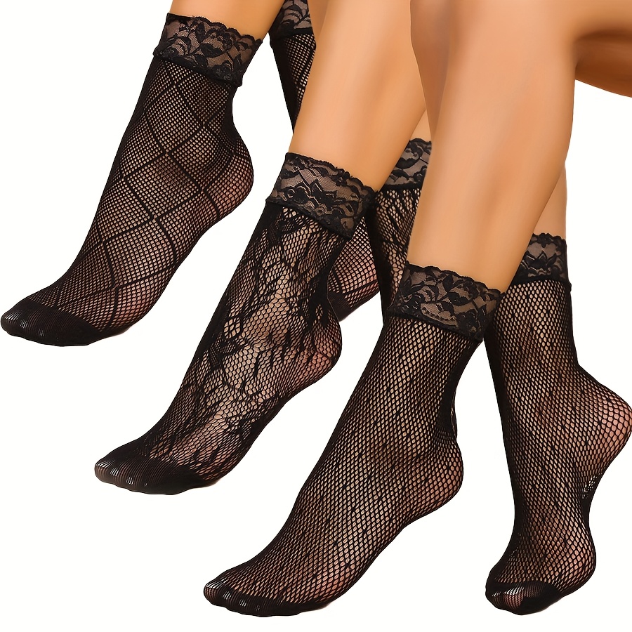 Image of 3-pair Women's Floral Short Socks, Lace Cut-out Calf Socks, Mid-calf High-end Women's Socks
