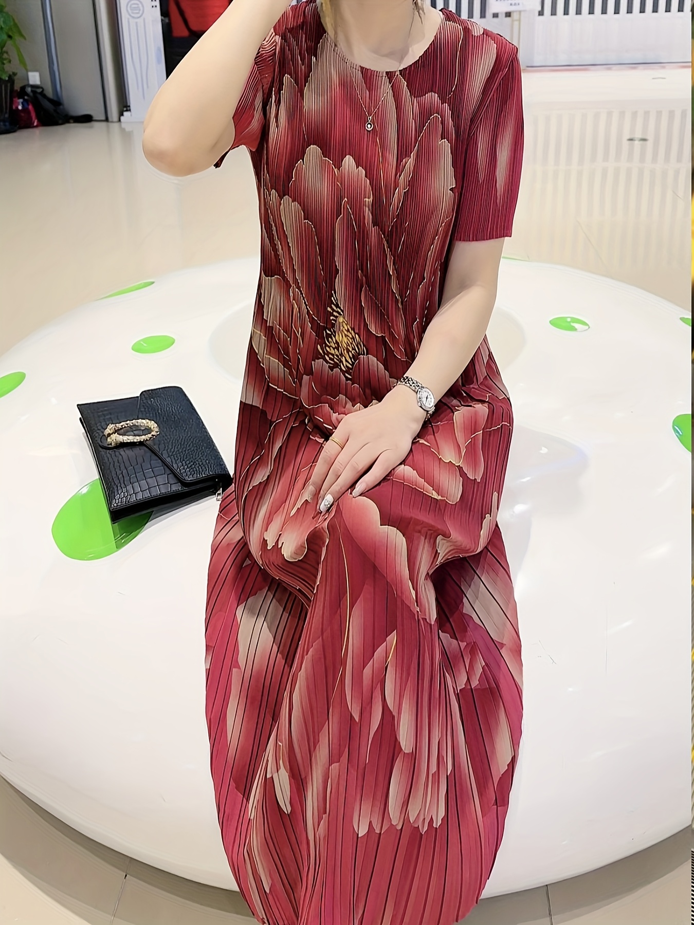 womens stretchy floral print pleated midi dress a line short - Temu Oman
