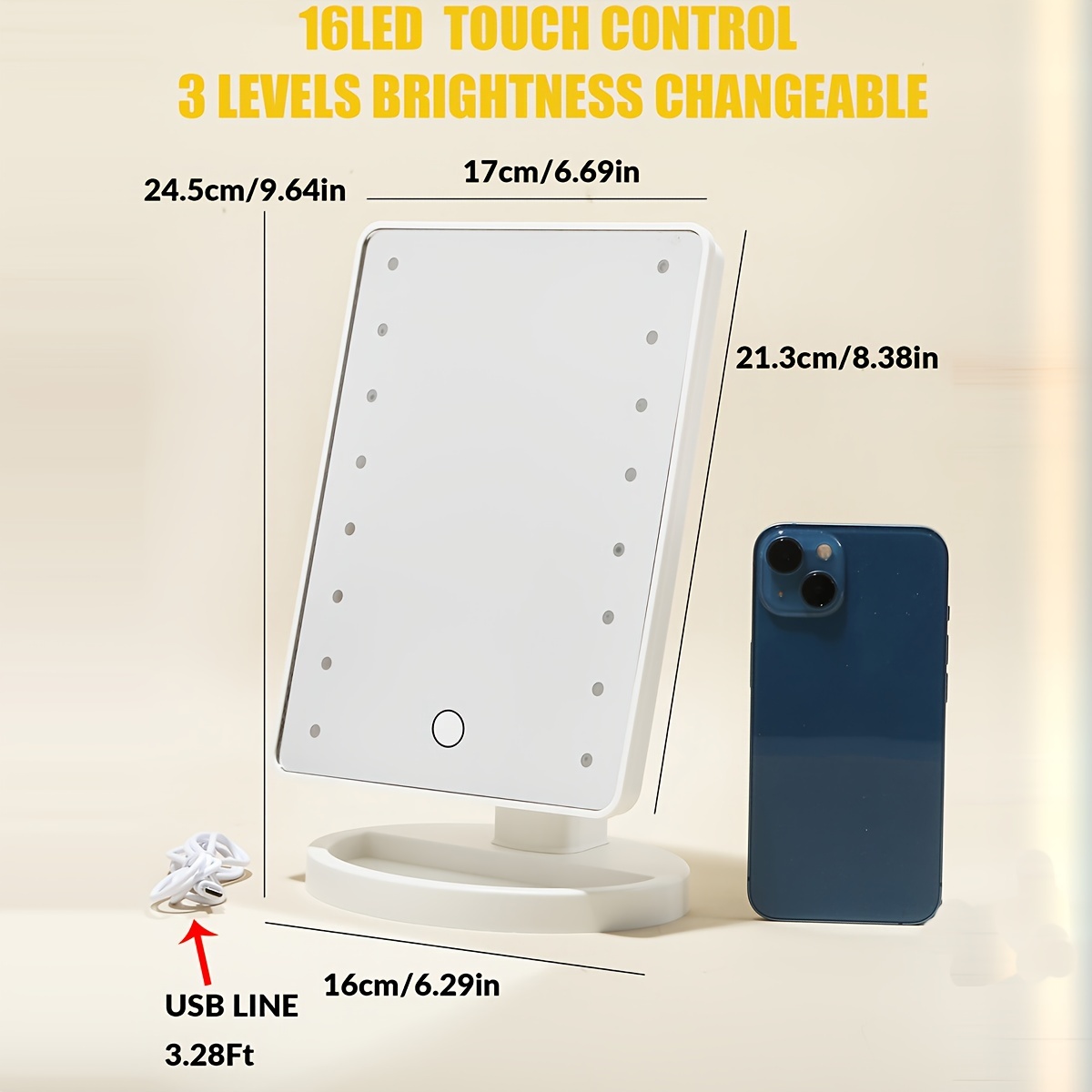 1pc 16LED Makeup Mirror with Light, Desktop Mirror Surface Rotatable Makeup Mirror Light 3-Speed Touch Screen Vanity Mirror, Brightness Adjustable Cosmetic Light Up Mirror, Portable Dormitory Bedroom Desktop Vanity Mirror with Light