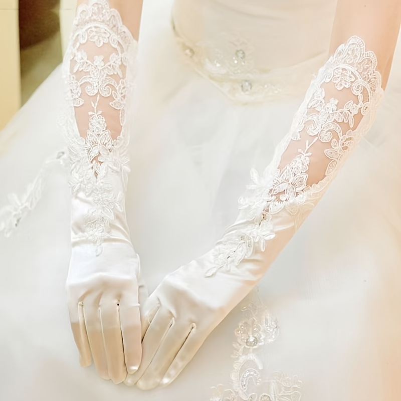TEMU Elegant Long Lace Gloves, Polyester Fiber, Wedding & Party Formal Wear, Women's Bridal Gloves