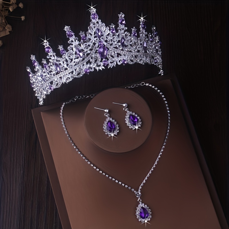 TEMU Bride Wedding Accessories Wedding Necklace Purple Water Crown Necklace Earring Set Wedding Accessories High End And Atmosphere Dinner Banquet Birthday Crown Necklace Earring Set Of 3