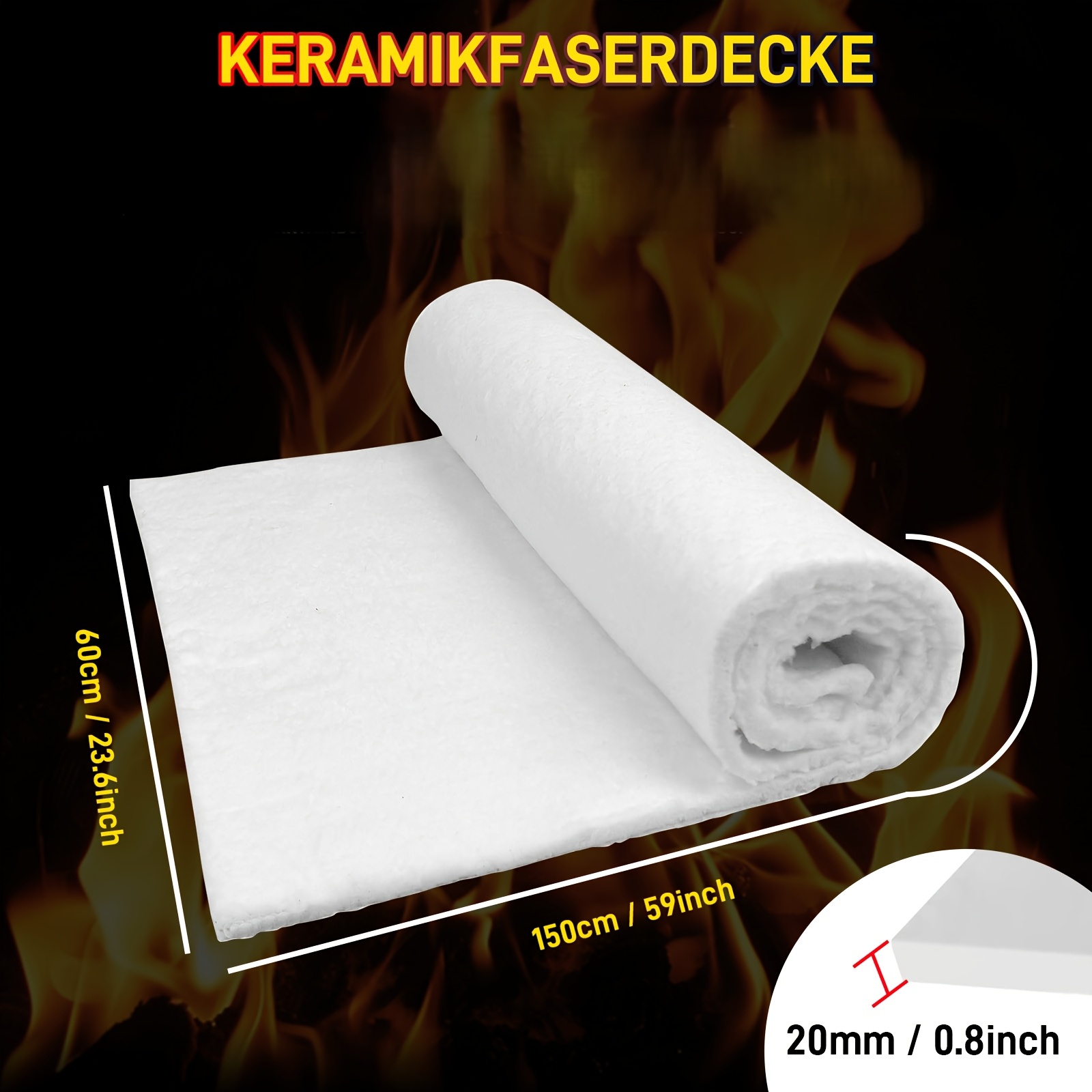 TEMU Coperta in fibra ceramica per alte temperature 2500簞F 60cm x 150cm, tappetino isolante ignifugo da 20mm, isolante tagliabile per isolamento ,