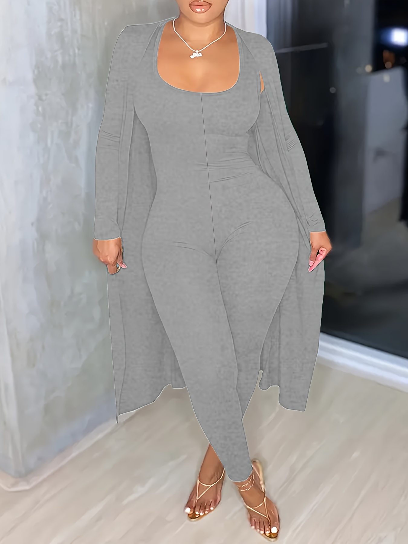 plus size casual solid color two piece set open front long Temu