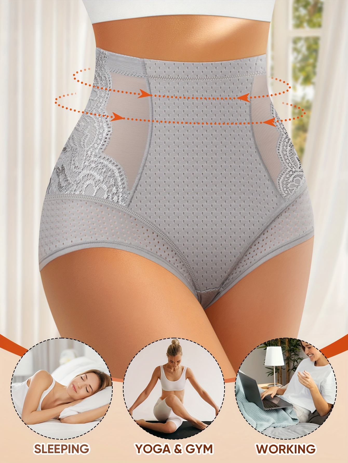 MIOTAN Women's High-Waist Tummy Control Shapewear Panties, 1XL-5XL, Breathable Mesh Lace Design, Grey, Comfort Fit for Casual Attire, Tummy Control Underwear, MIOTAN
