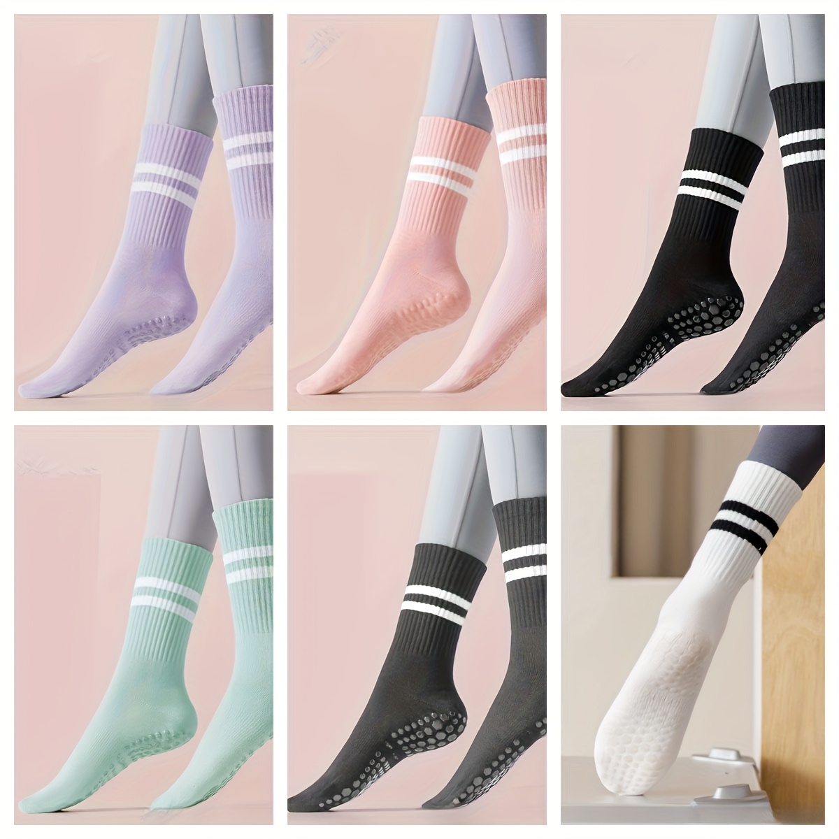TEMU 6 Pairs Of Women's Mid-calf Yoga Socks With Silicone Non-slip Pads, Fitness Socks Suitable For Pilates, Indoor Exercise, And Winter Sports-