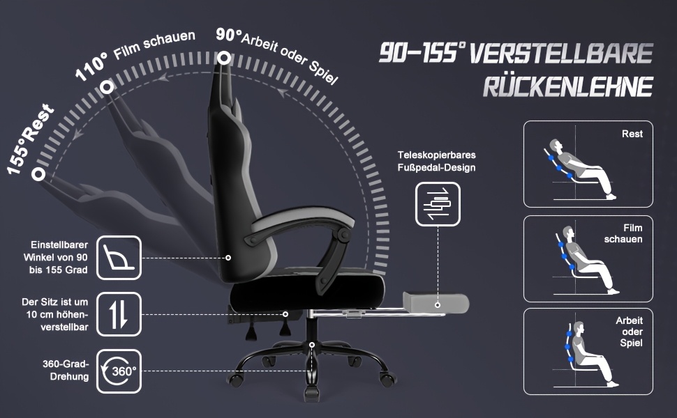 Fauteuil de Gaming avec Repose-Pieds, Fauteuil Ergonomique pour Gaming, Fauteuil à Bras avec Coussin Lombaire Réglable, Support Lombaire et Appui-Tête Ajustables, Pivotant à 360° et Conçu pour un Poids jusqu'à 150 kg