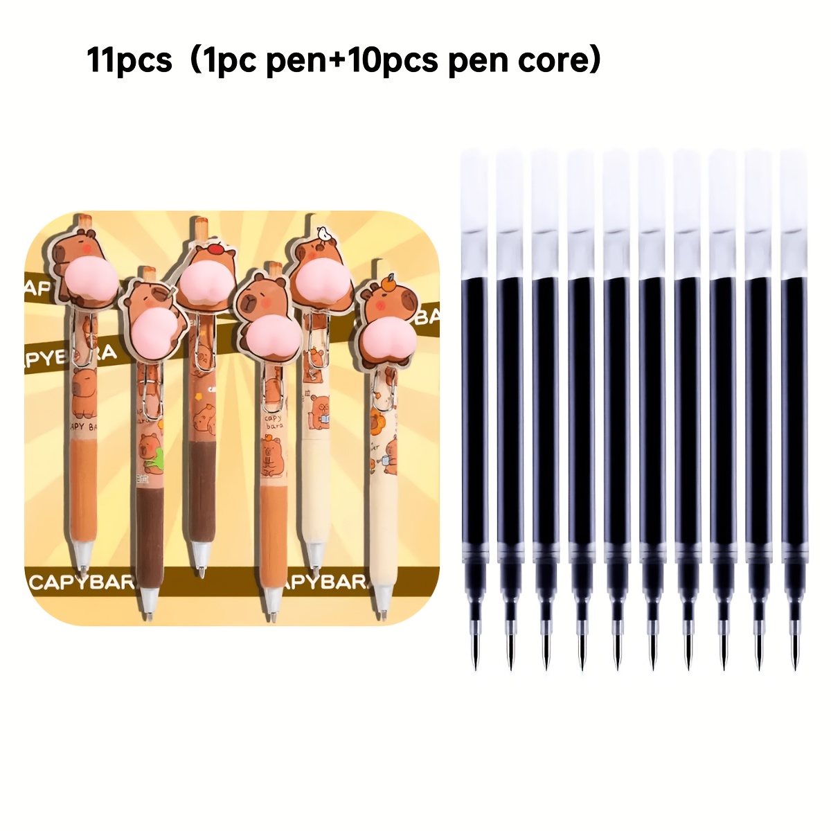 TEMU (10 Pen Refills + 1 Pen) 11pcs Set Cute Capybara Pens - Brown And , 0.5mm Retractable Black Ink, Suitable For School, Office, Diary - Fun