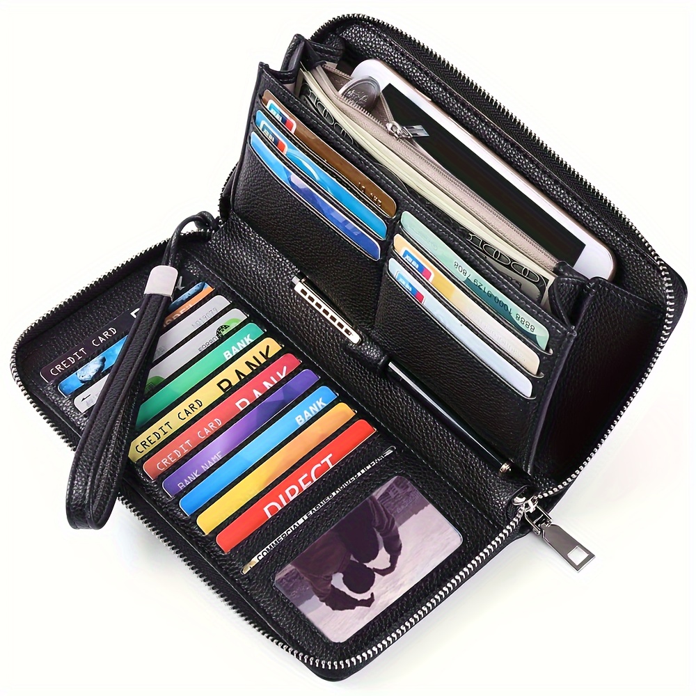 

Women's Leather Zipper Wallet, Multiple Slots Id Credit Card Holder, Large Capacity Wristlet Wallet Clutch Purse