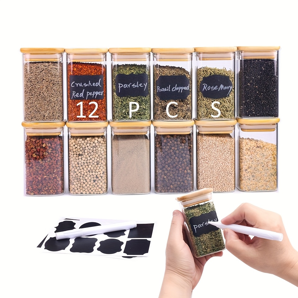 Lot 12 Pots Épices Verre Wells - Couvercles Bambou 275 Étiquettes Hermétiques