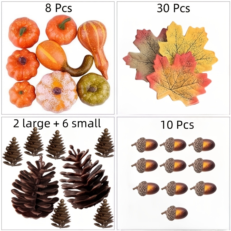 Image of 56pcs Set, Harvest Thanksgiving Artificial Pumpkin Gourd Set, 8pcs Fake Pumpkins, 18pcs Fake Pinecones And , 30pcs Fake , Autumn Decoration Halloween Party Decorations, Wedding Table