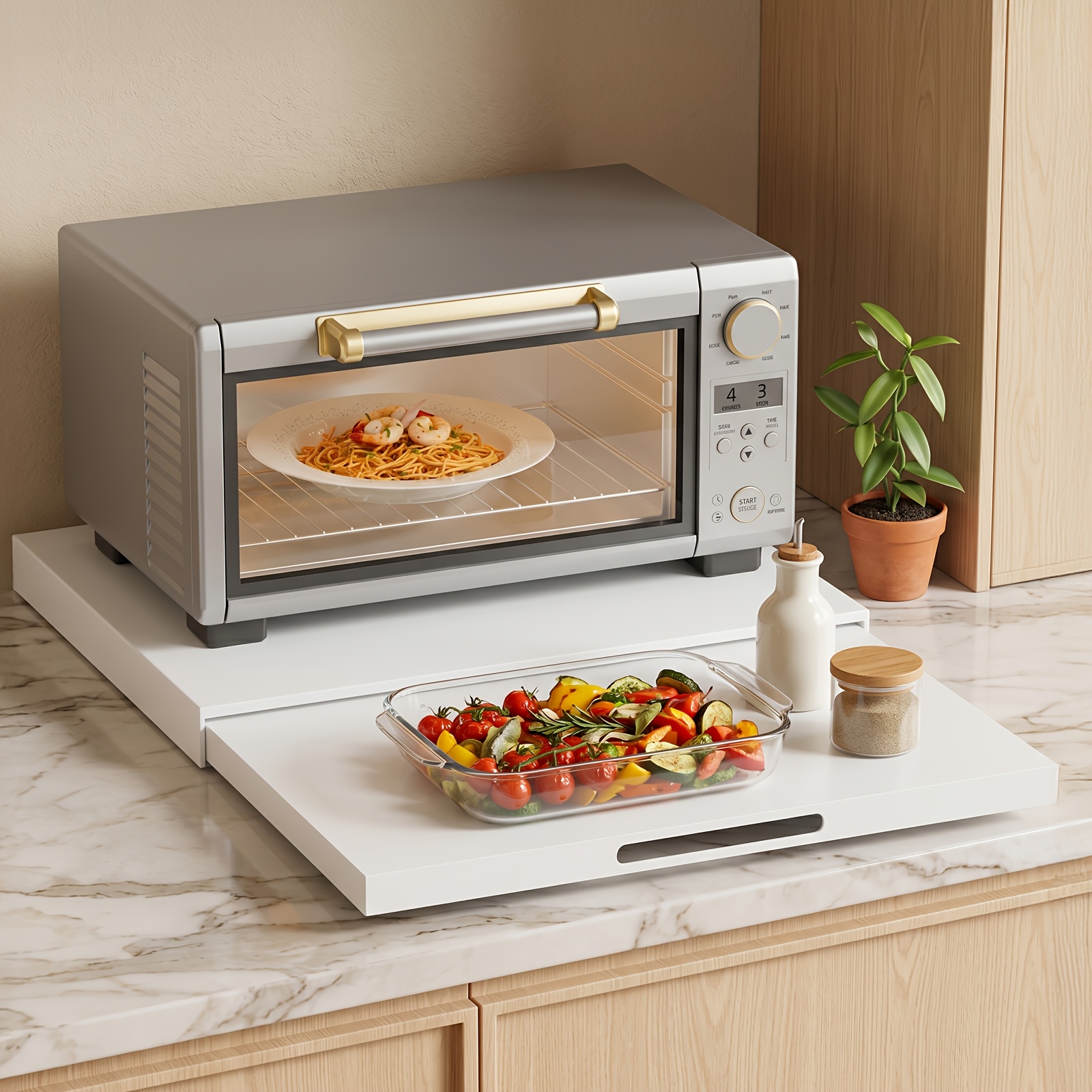 TEMU Multifunctional Microwave Shelf With Modern , Durable Pull-out Shelf With Reinforced Carbon , Space- Storage For Microwaves And Coffee Machines,