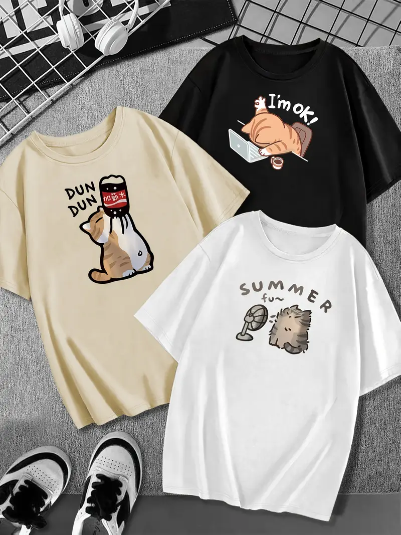 3 pack whimsycat womens casual sports t shirts cute cartoon cat print fashionable summer short sleeve round neck tees polyester knit fabric breathable stretchy multiple sizes Product details 0