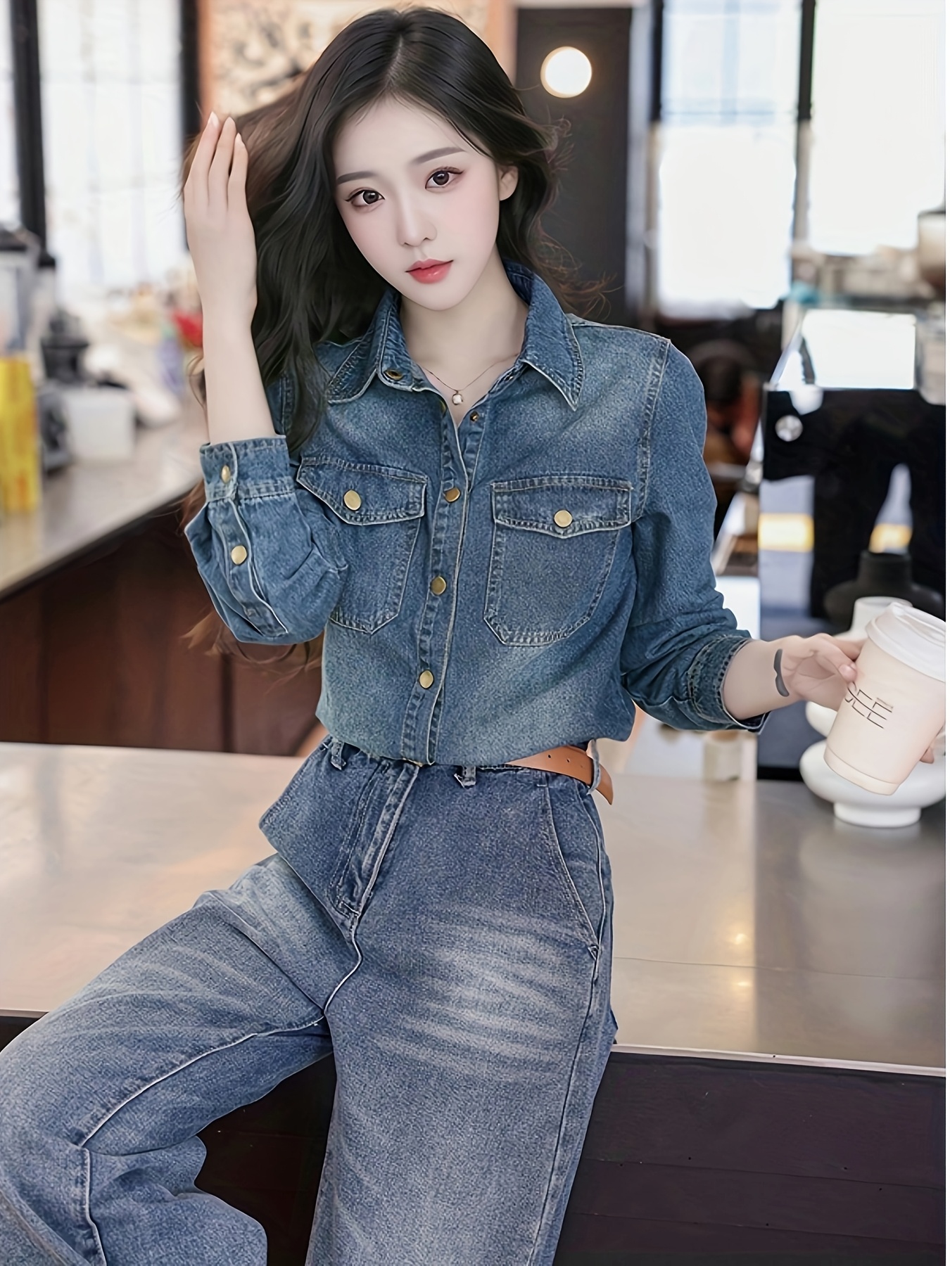 womens vintage blue denim shirt jacket casual button washed Temu
