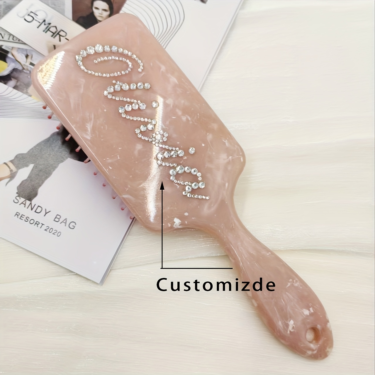 TEMU Personalized Name Air Cushion Comb With Marble Pattern Handle, Custom Rhinestone Letters Anti-static Scalp Massage Hair Brush, Cute Gift Wedding
