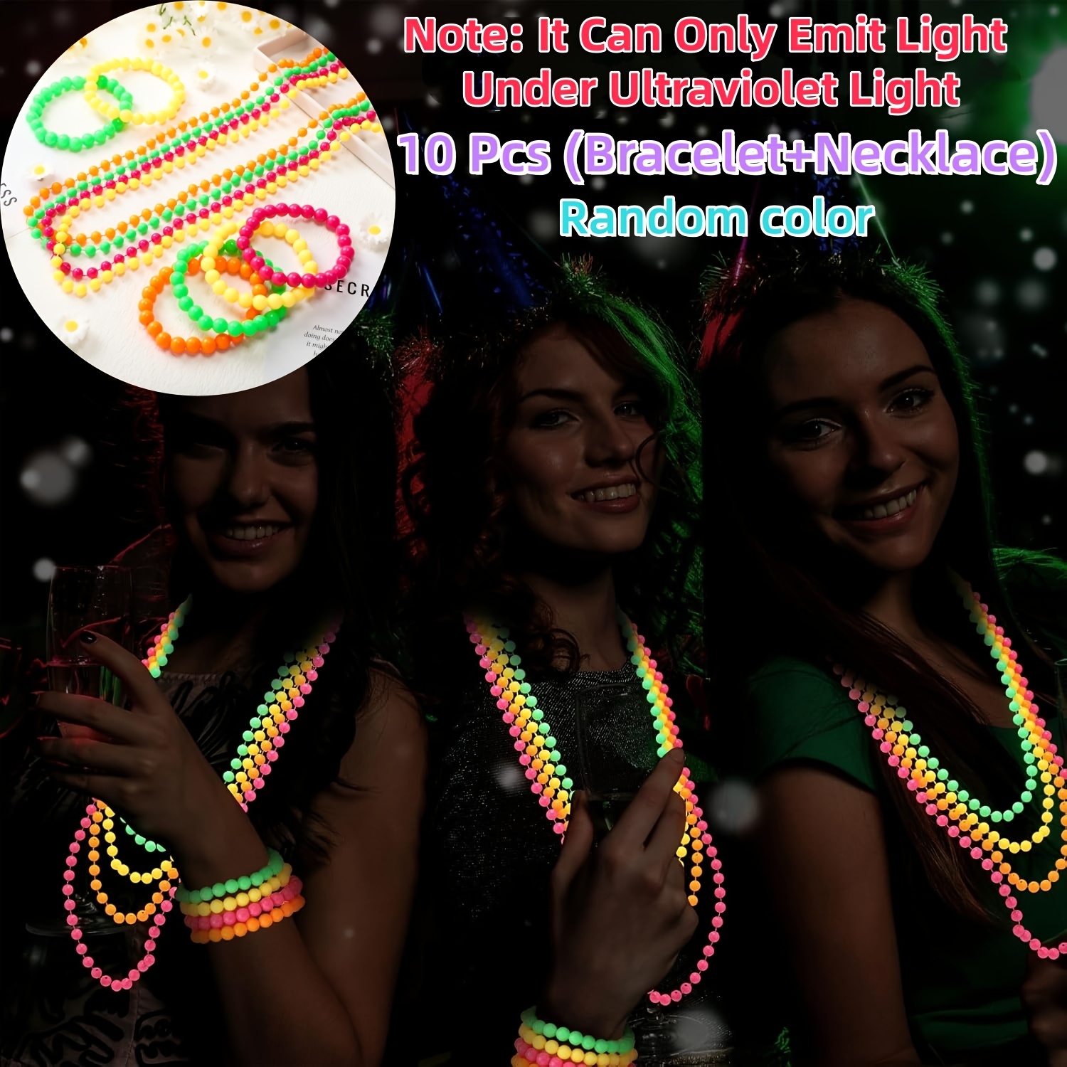 TEMU Neon Bead Necklaces And Bracelets Set Glow In The Dark Party Colorful Necklaces And Bracelets For 80s 90s Party Carnival Concert Accessories,