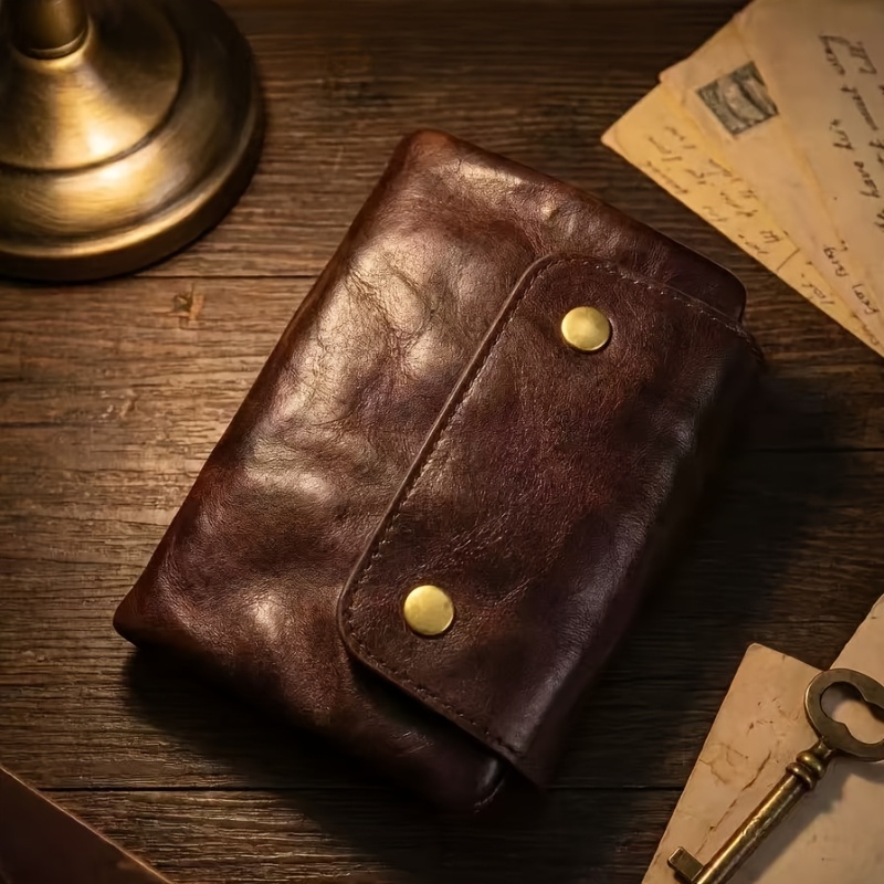 Image of Genuine Leather Wallet Suitable For Pocket - Handmade Distressed Compact Card Holder & Coin Purse With Credit Card, Snap Closure, (grey/ /) For Travel, , Business Organizer