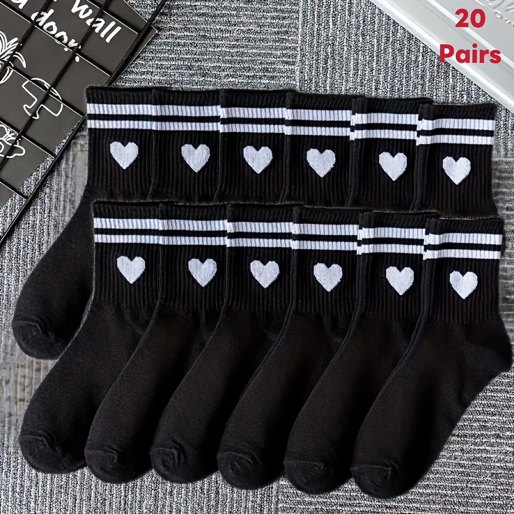 E-shop 20 Paar schwarze herzförmige gestreifte, bequeme und modische Damen-Wadensocken
