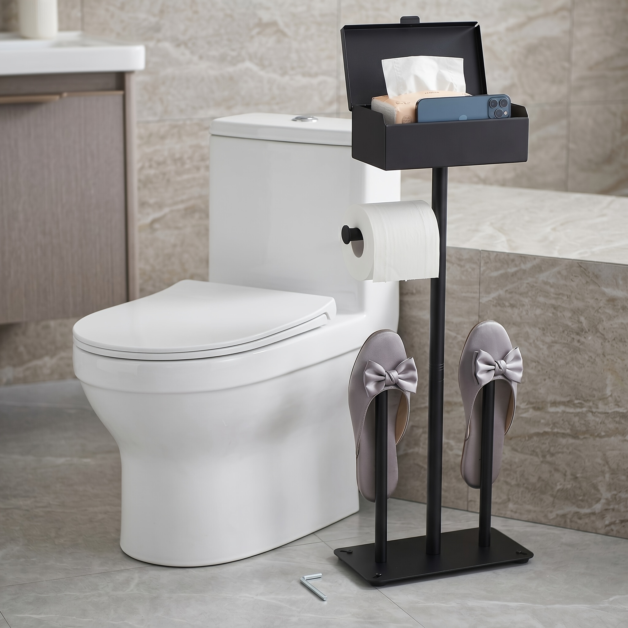 Black Toilet Paper Holder With Top Storage Rack, Bathroom Independent Toilet Paper Dispenser, Independent Toilet Paper Holder