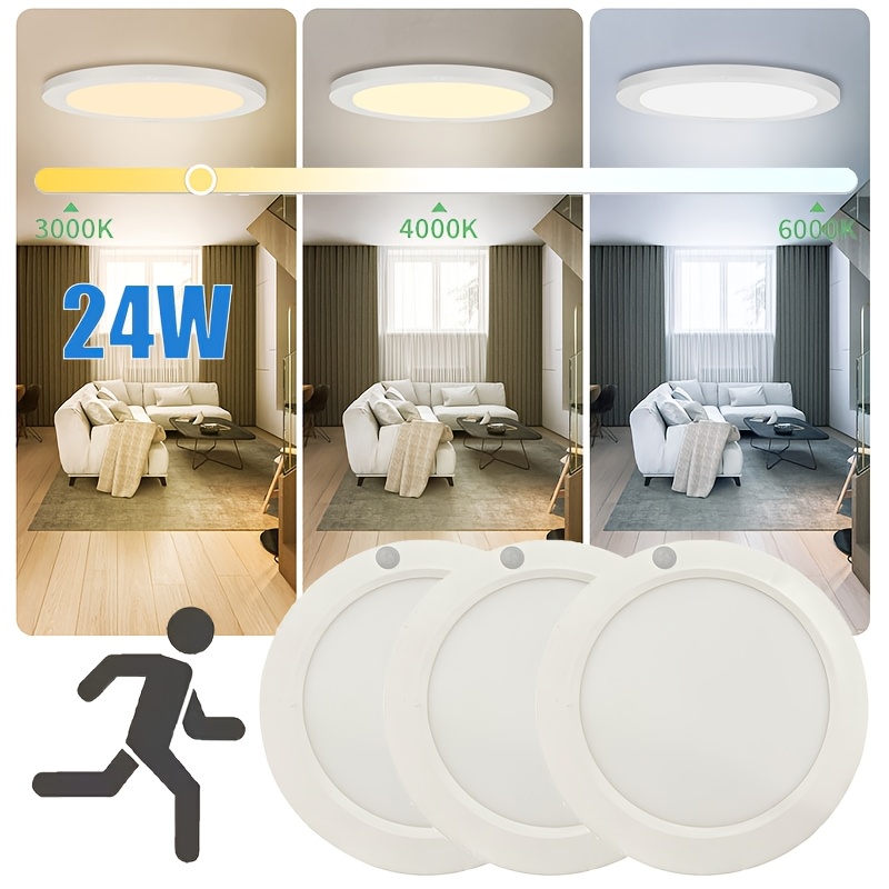 Image of 3pcs 24w Led Sensor Light, Dimmable, , Modern Round Design, Closet Lighting, Ideal For Use In Bathrooms, , Garages, And , Sleek Lighting, 3 Color Temperature Options