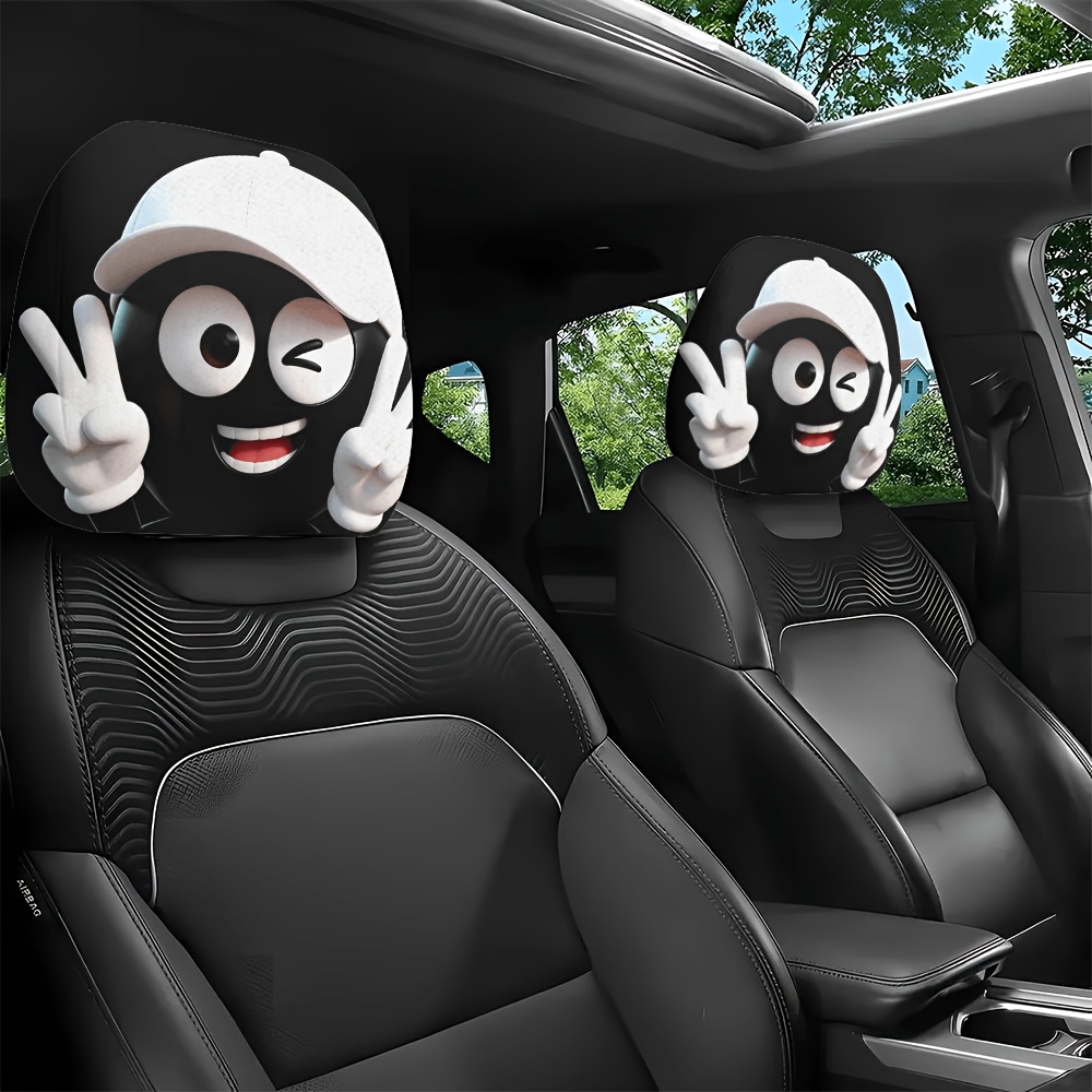 2pcs Fun White Hat Printed Car Headrest Covers, Interior Decorations, Washable And , Suitable For Long-distance Driving And Daily Commuting , Are An For Interior Fun Decorations