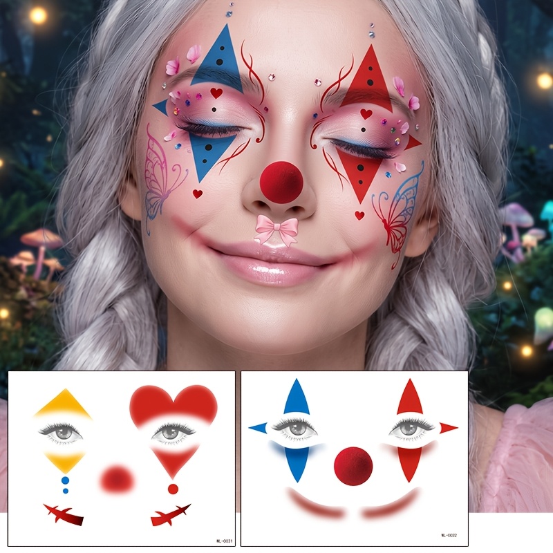 TEMU 2 láminas de tatuajes temporales de cara de adorable de Halloween, pegatinas de tatuajes faciales falsos con de y , calcomanías faciales