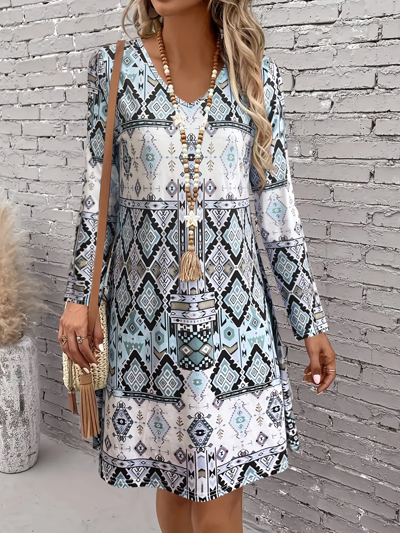 elegant new full body printed v neck long sleeve dress women - Temu