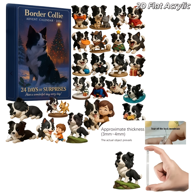 TEMU 2d Flat, 24pcs 2026 Border Collie Advent Calendar With 24pcs Ornaments - 24-day Countdown Calendar Suitable For Christmas Tree, Fireplace Decor,