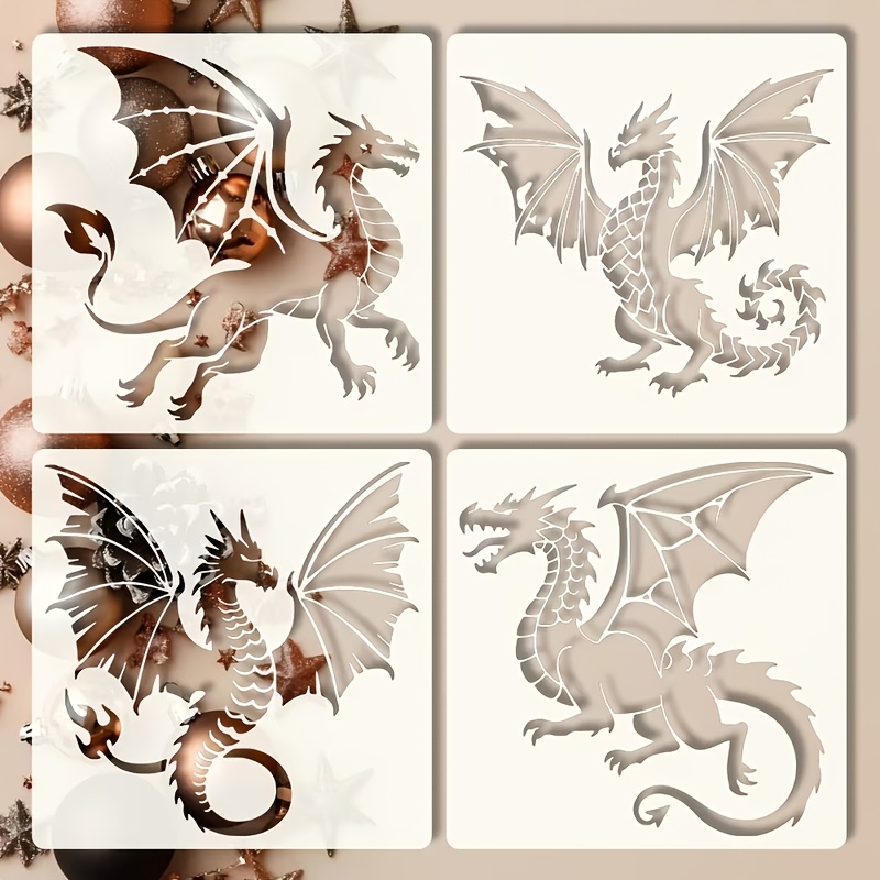 TEMU 4pcs Dragon Hollow Stencils, 6x6 Inch Western Dynamic Dragon Pattern Templates, Multiple Poses, Reusable Art Stencil For Craft Cutting, Party
