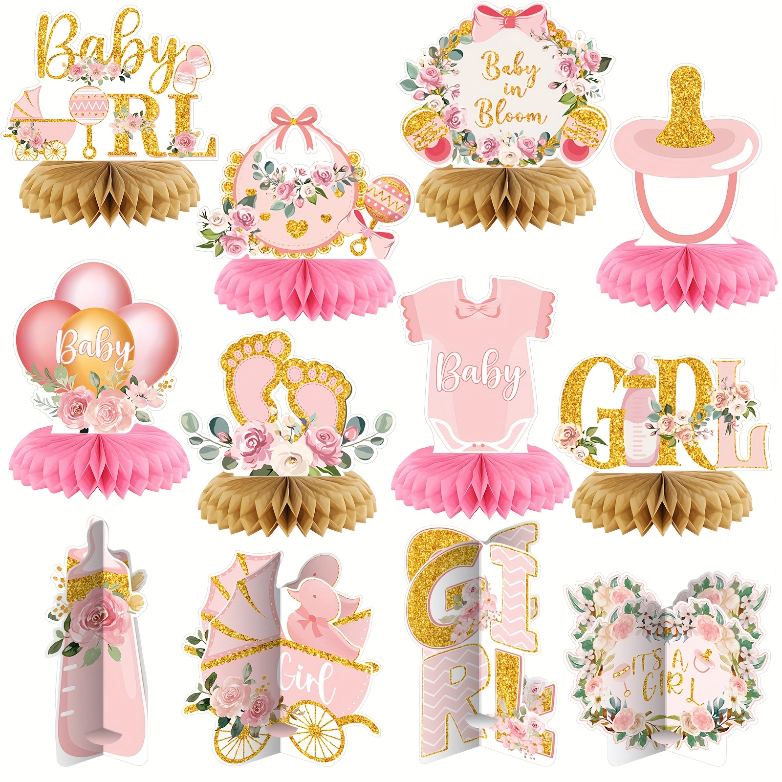 TEMU 12pcs Pink Shower Decorations Floral Honeycomb Baby Shower Table Centerpieces Baby Shower Table Decorations Table Topper For Gender Reveal Birthday Party Decorations Supplies