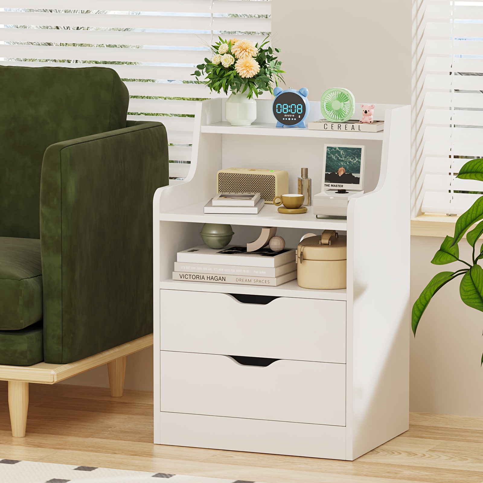 Image of Living Room Table, Side Table With 2 Drawers And Open Storage Space, White, 45x35x73cm, Suitable For Bedrooms And Living Rooms, Spacious Side Table With Storage Space