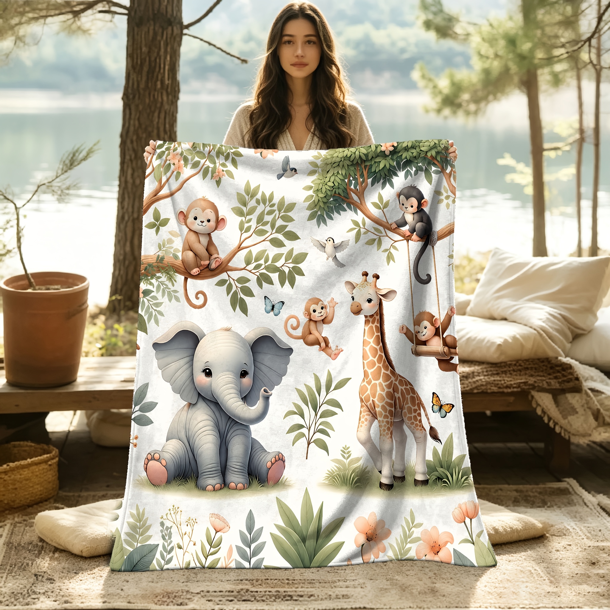 TEMU 2d Flat Printing 1pc Comfortable Cartoon Elephant Giraffe Monkey Animal Theme Pattern Printed Fleece Blanket, Soft And Warm, Perfect Gift For