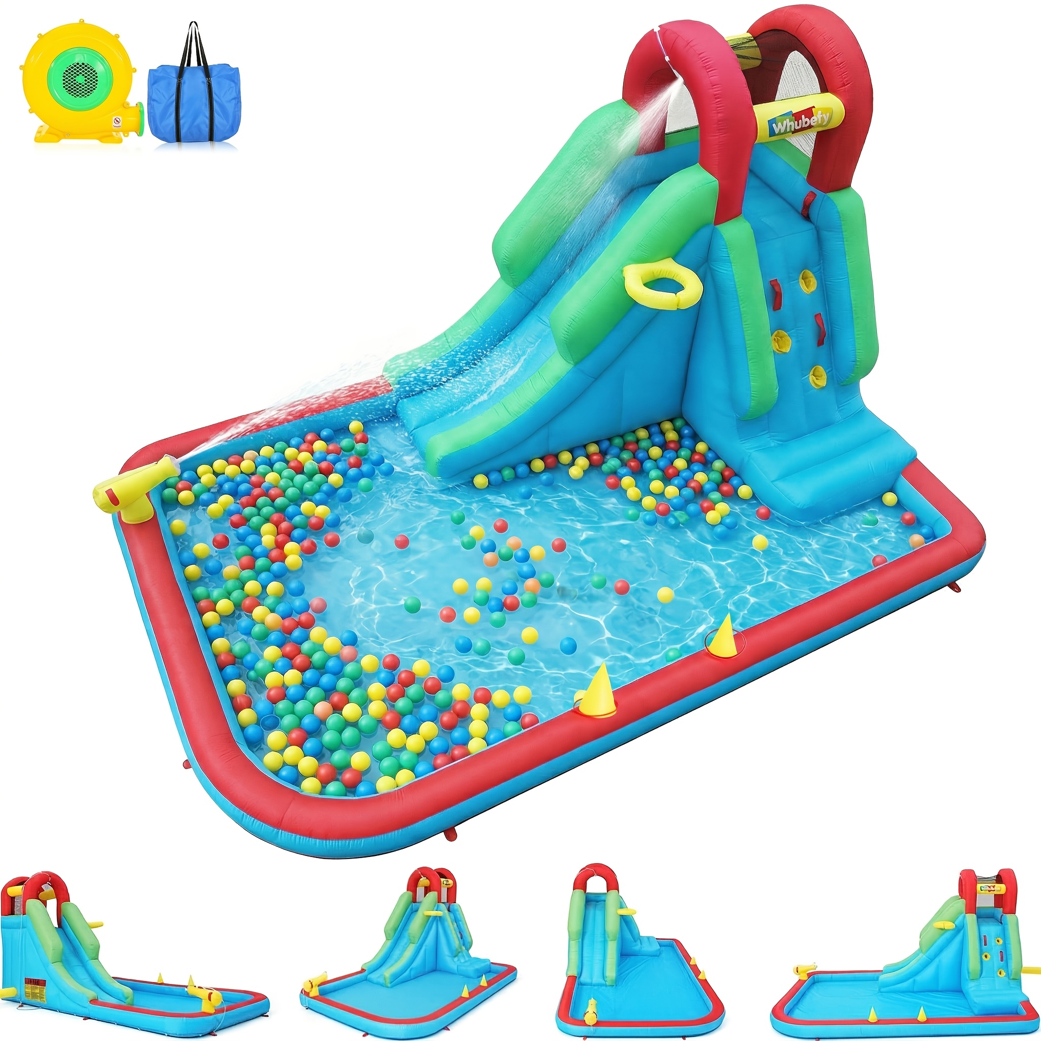 TEMU Inflatable Water Slide With Blower, Blow Up Water Slide, Compact Water Park With Long Slide, Ring Toss, Basketball Hoop, , Climbing Wall & For