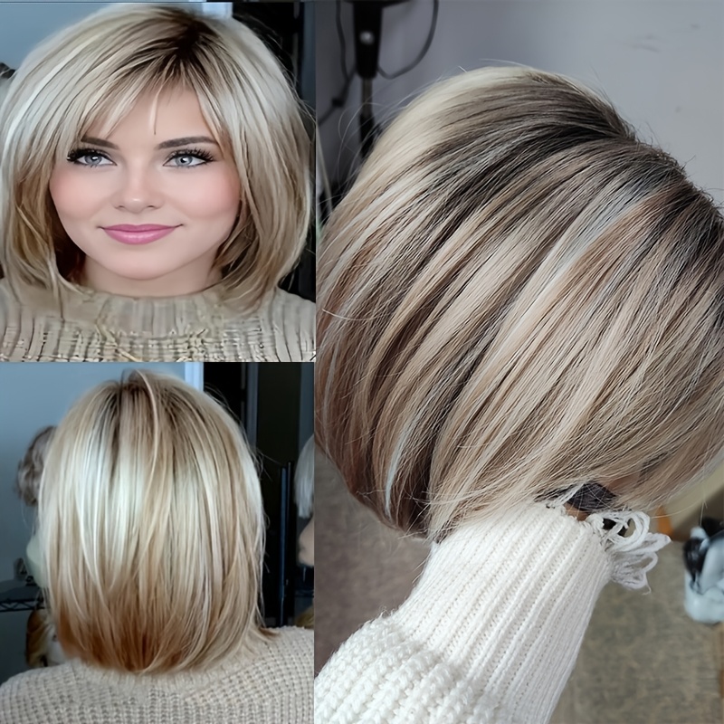 

Elegant Ombre Blonde Short Bob Wig With Bangs For Women - Chic Layered Straight Style, High-density Synthetic Hair, Parties &