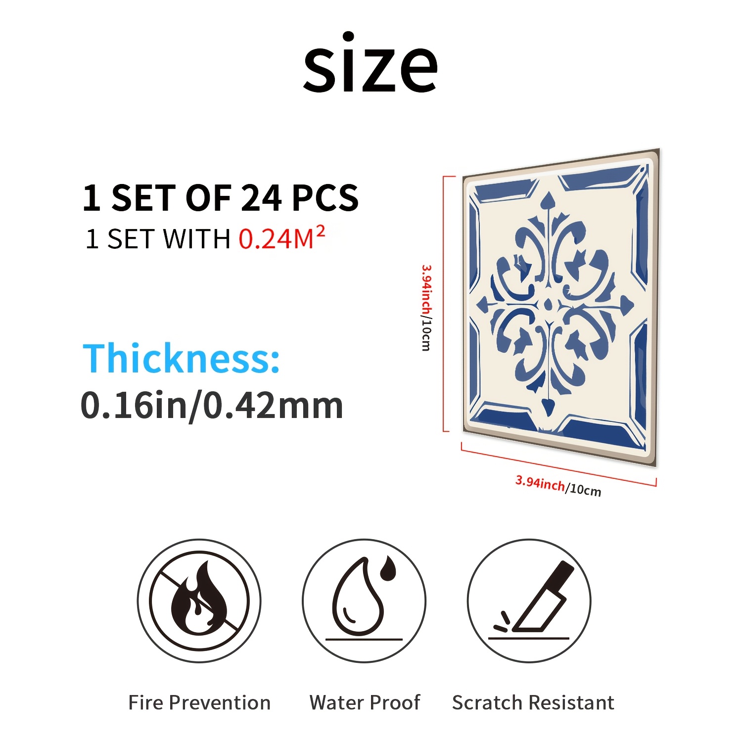 Image of 24pcs Set Spanish Portuguese Style Peel And Stick Splash Guard Tile Stickers, Size 10*10cm X 15*15cm, Vinyl Waterproof Removable Tile Decals Suitable For Bathroom And Kitchen