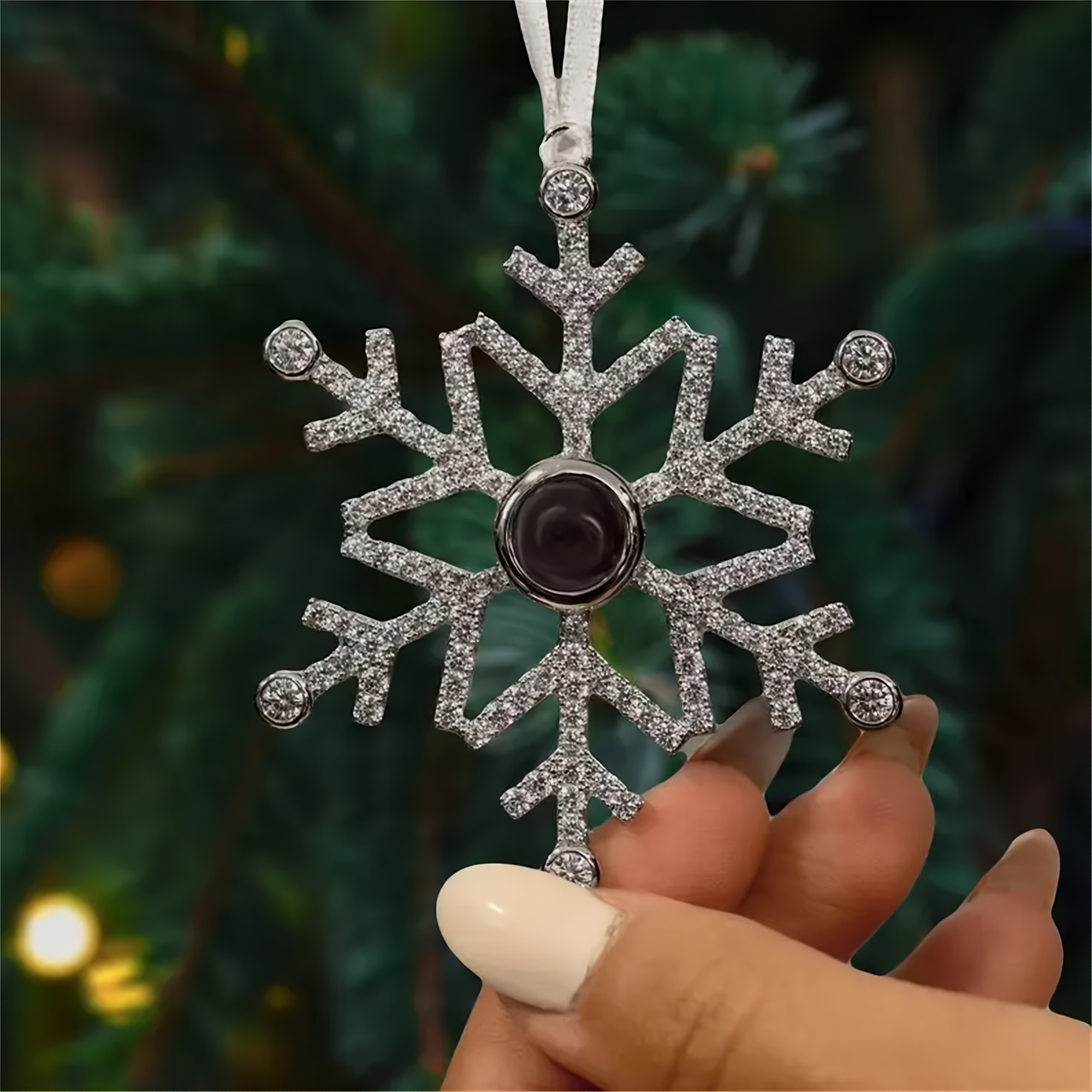 Image of Custom Photo Snowflake Pendant - Personalized Secret Image Projection, Stainless Steel, Easy-to-hang Christmas Tree Decor With Sparkling Embellishments, Ideal For & Gifts, Holiday Decorations
