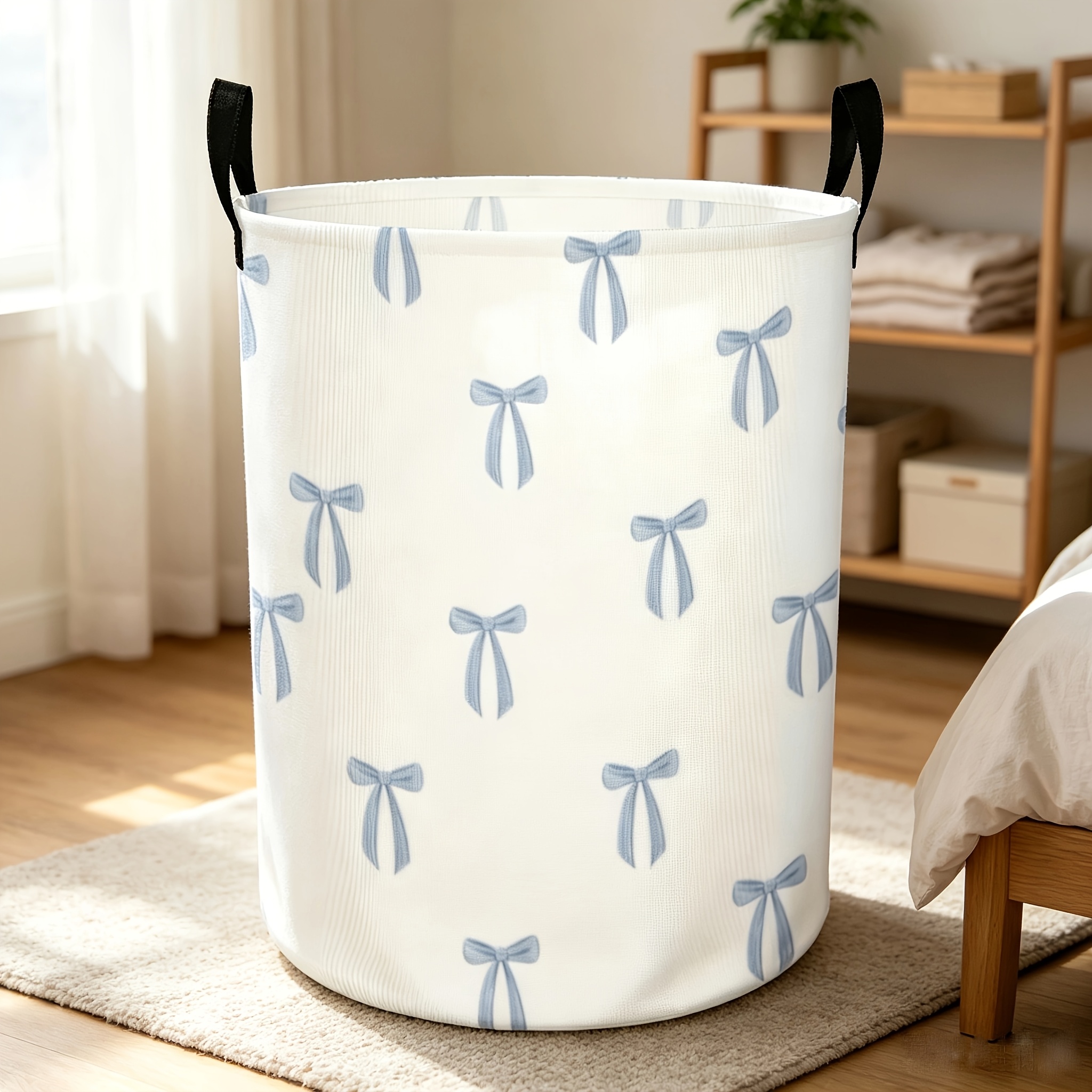 TEMU 1pc Light Pattern With Handle Laundry Basket, Polyester Fiber Storage Box For Bedroom, Dormitory And Toy Organization - Large Capacity Round