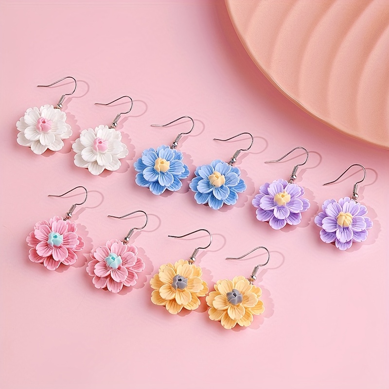 Image of 5 Pairs Of Cute Candy Color Flower Earrings For Girls