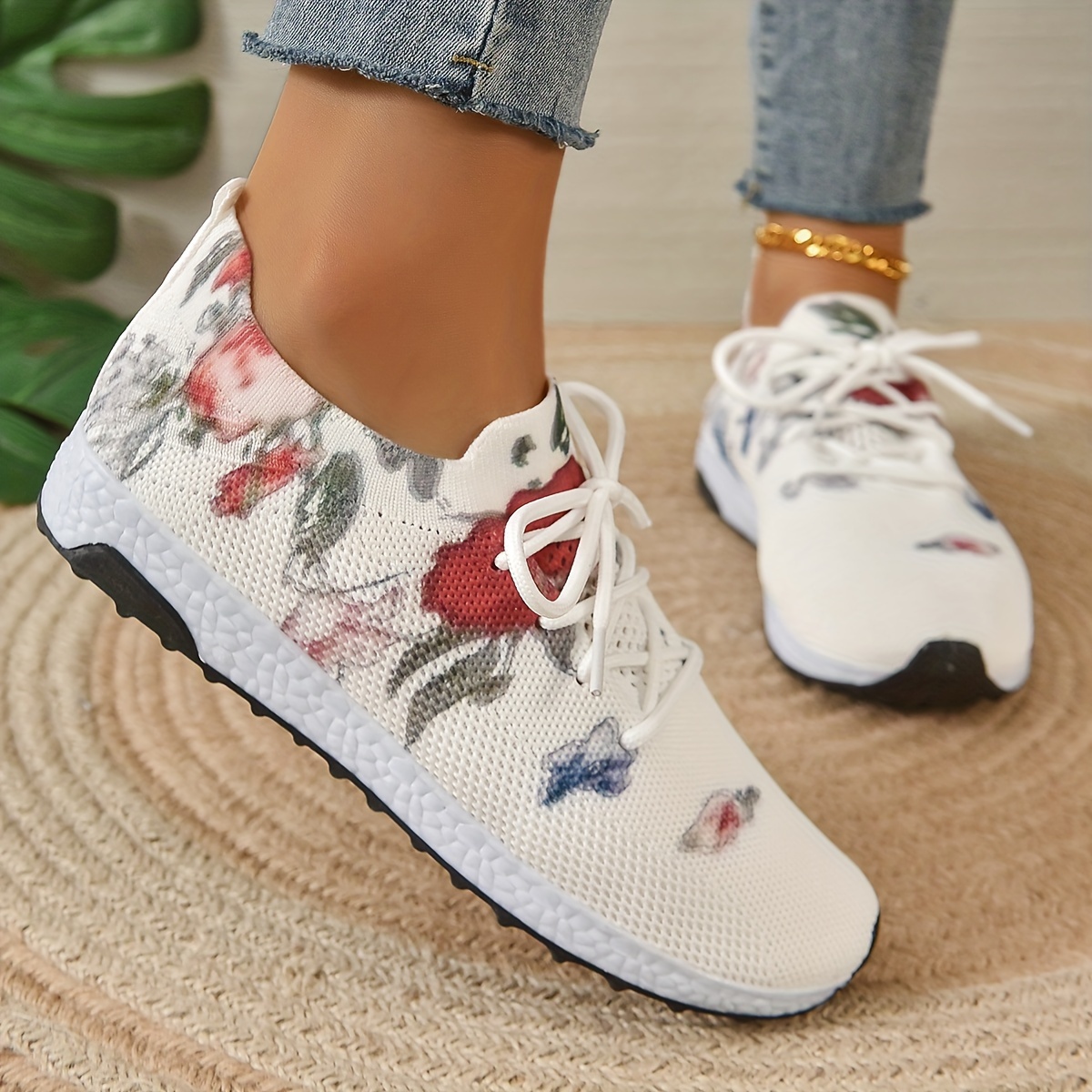 

Baskets tricotées à motif Floral pour femmes, chaussures de sport basses respirantes, chaussures de marche décontractées en plein air