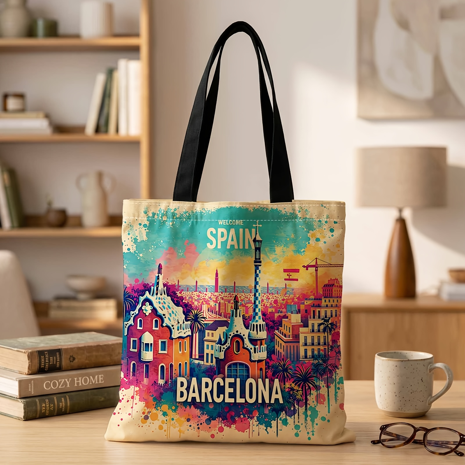 TEMU Borsa a stampata in 2D 1 pz con motivo "Benvenuti a Barcellona", borsa a spalla riutilizzabile, borsa tote per adatta per shopping, ufficio,