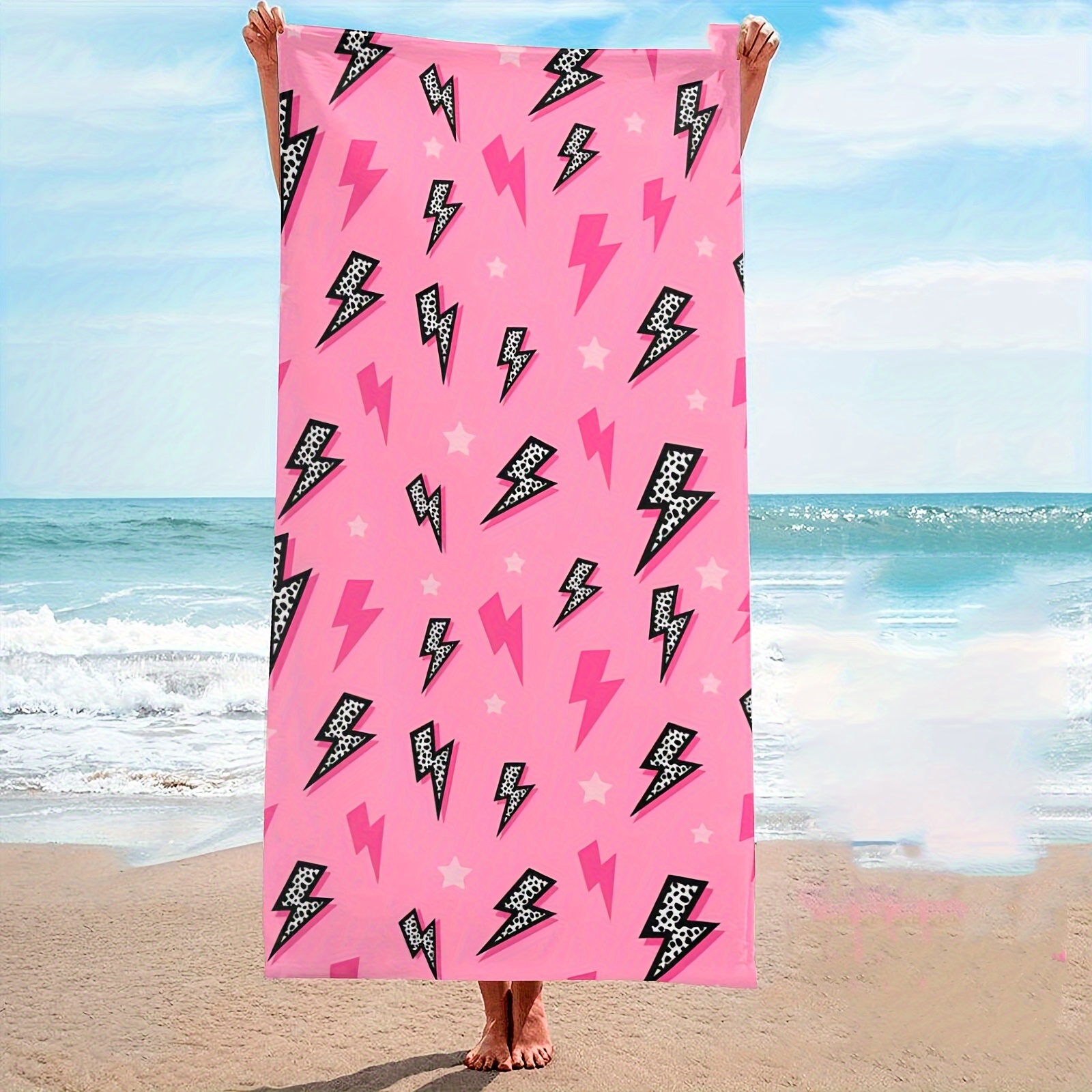 

1pc Lightning Printed Pinkish Beach Towel, Soft Sand-free Pool Towel, Absorbent Beach Blanket, Suitable For Gym Travel Outdoor Adventure, Beach Essentials