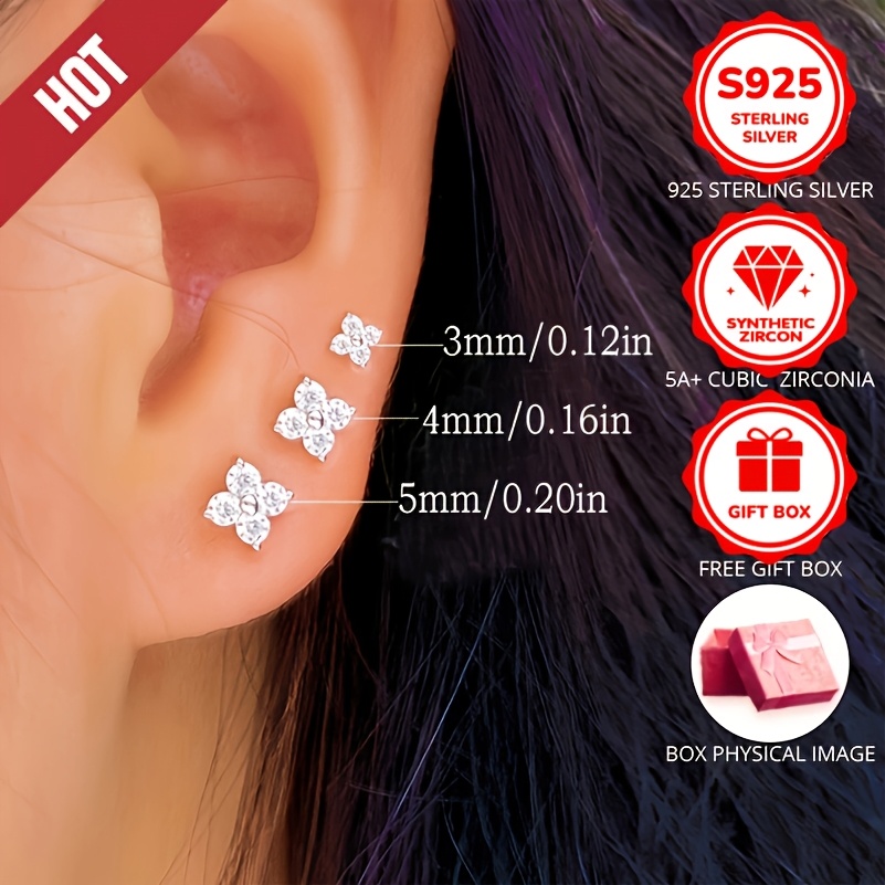 

925 Sterling Silvery 0.62-0.96g Exquisite Leaf 3/4/5mm Zirconia Stud Earrings For Women Daily Casual Wear Jewelry Accessories