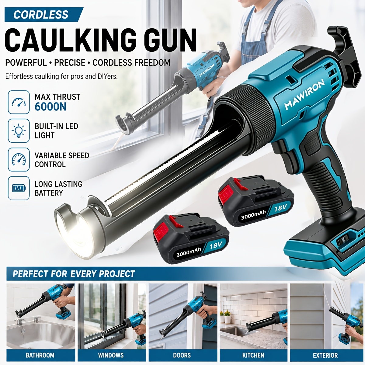 420w Cordless Electric Caulk Gun, 18v Lithium Battery Powered Sealant Dispenser With Lcd Digital Display And Led Work Light, Variable Speed Anti-drip Silicone Caulk Gun With 2pcs 3000mah Batteries
