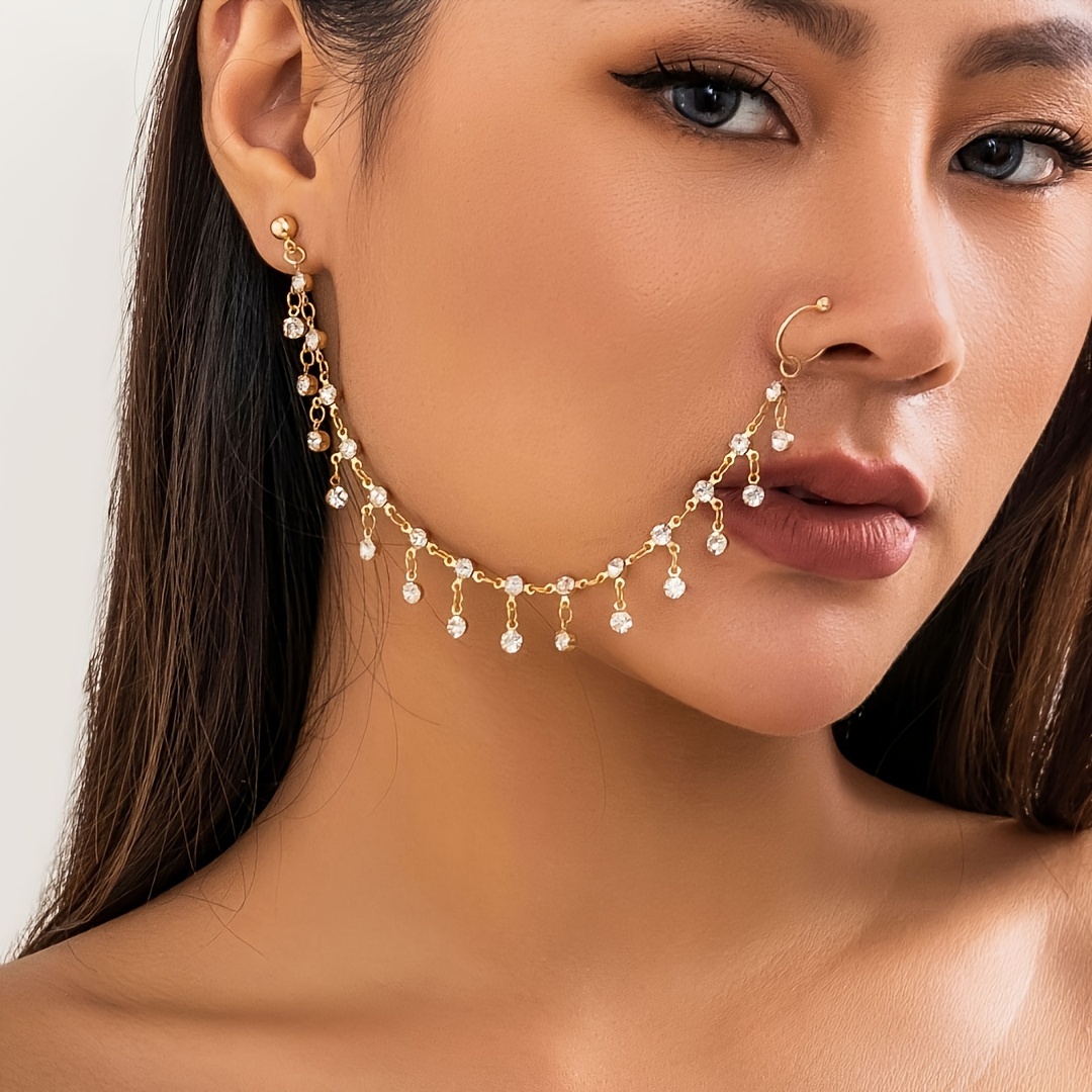 Image of 1pc Women's Fashion Nose Clip + Earring Chain Set, Indian Style Nose Ring For Banquets And Parties, Holiday Gift, Family Gift