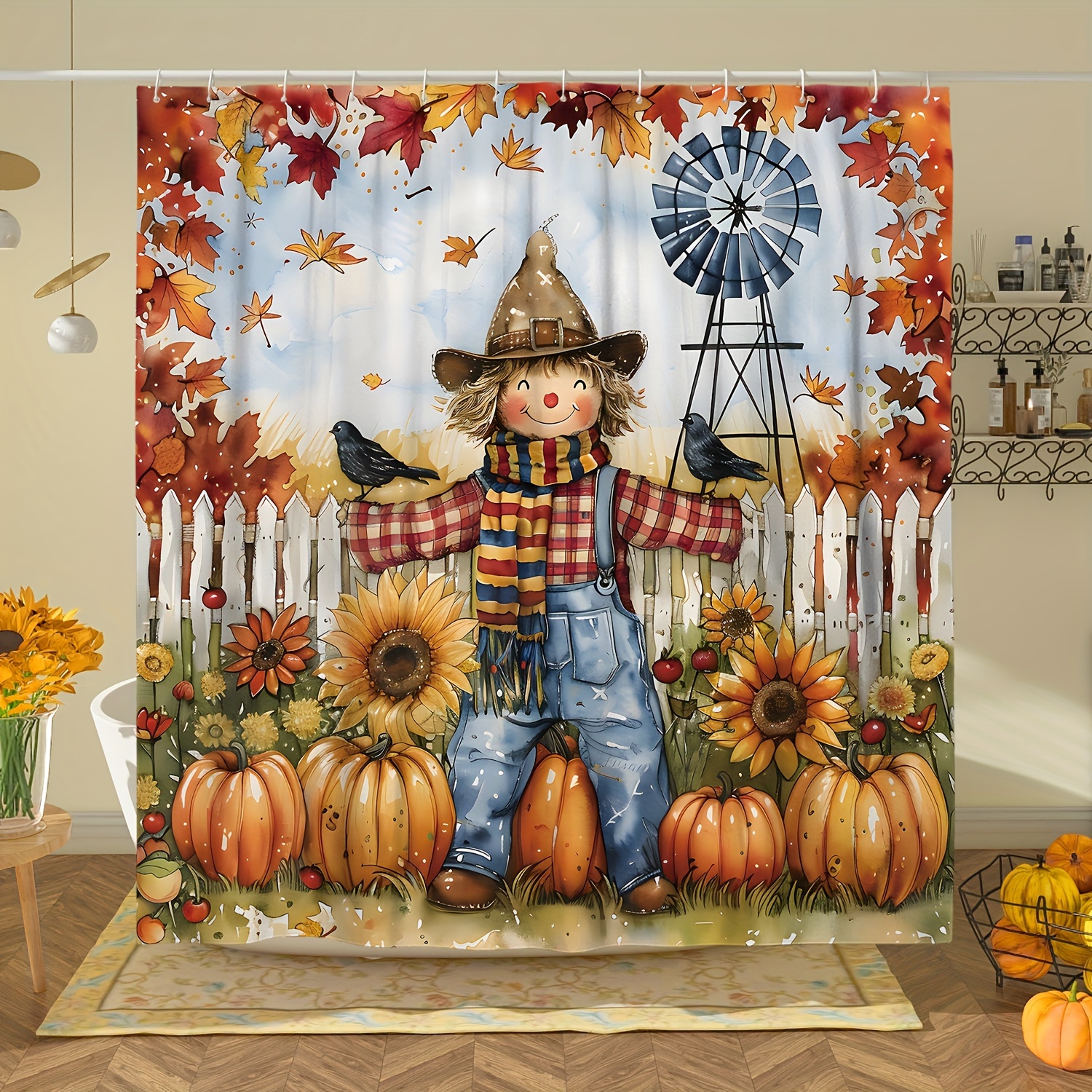 

Fall-themed Shower Curtain With , Pumpkin & Sunflower Design - Waterproof Polyester, 71x71 Inch With 12 Hooks Included - Bathroom Decor