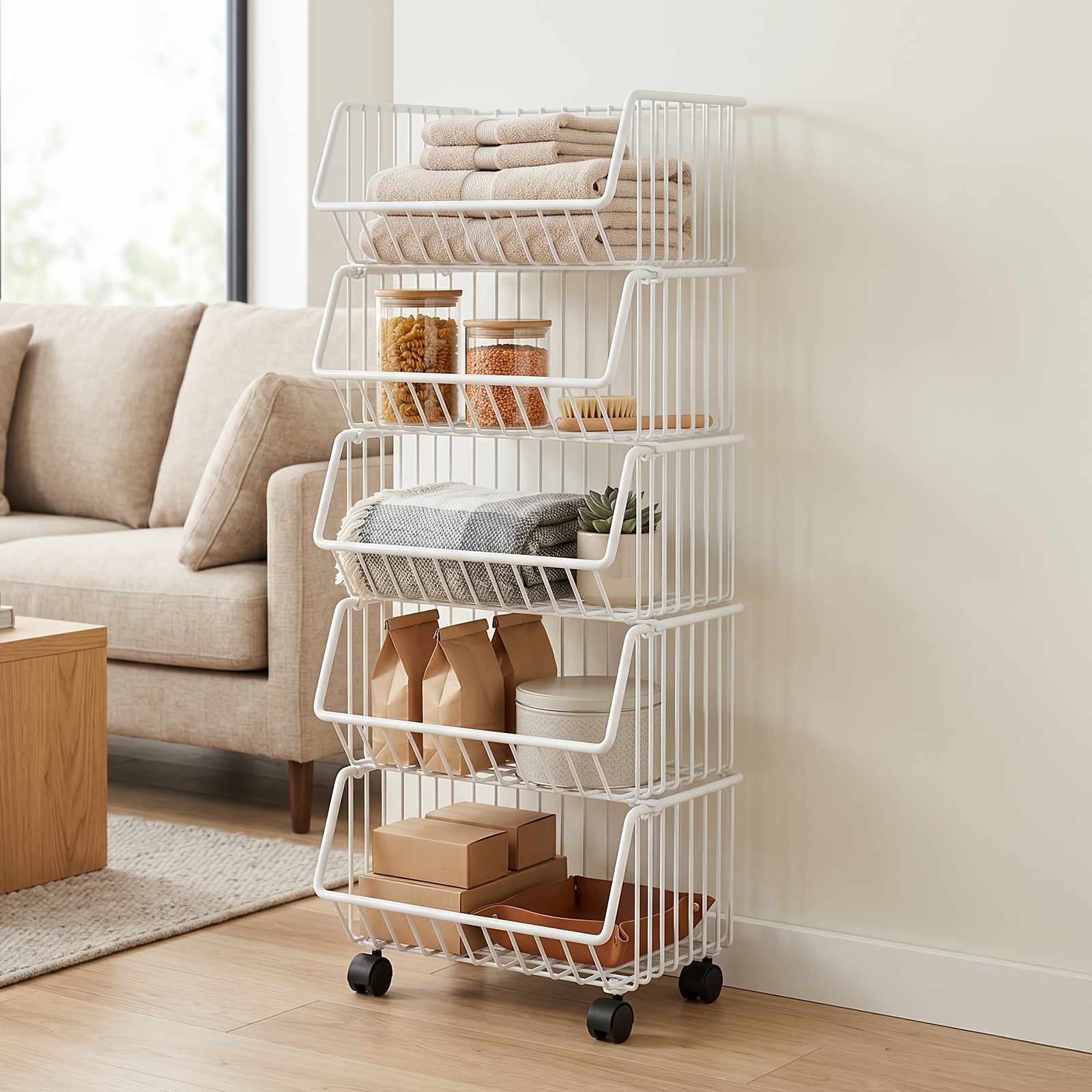 Multifunctional Freestanding Storage Rack, 5 Tier Rolling Kitchen Organizer With Metal Wire Baskets, Large Capacity Storage Shelf For Kitchen, Bathroom And Pantry