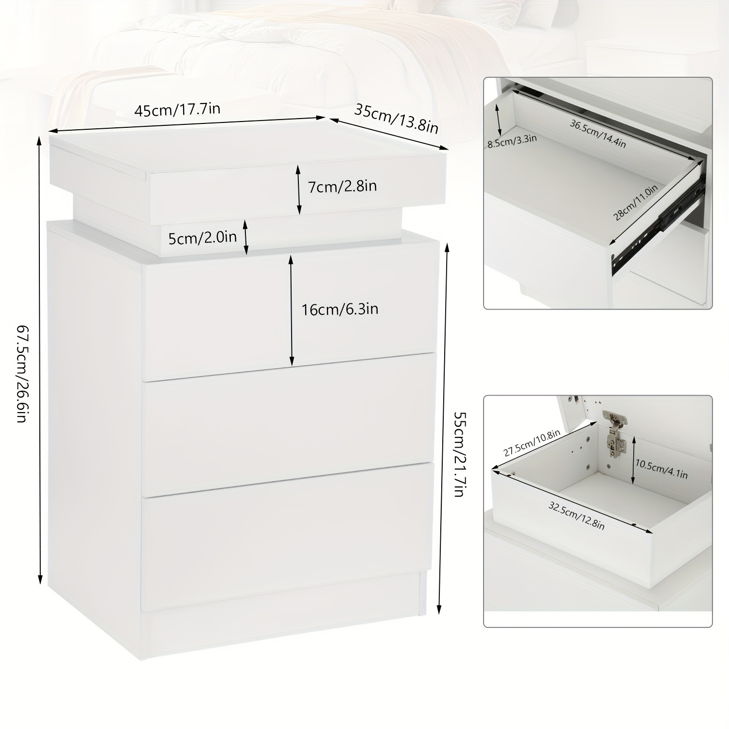 Led Bedside Table With 3 Drawers And Drawer, Bedside Cabinet With 4-sided High Gloss, Rgb Led Colors, Side Table Nightstand For Bedroom Living Room Home Furniture, White