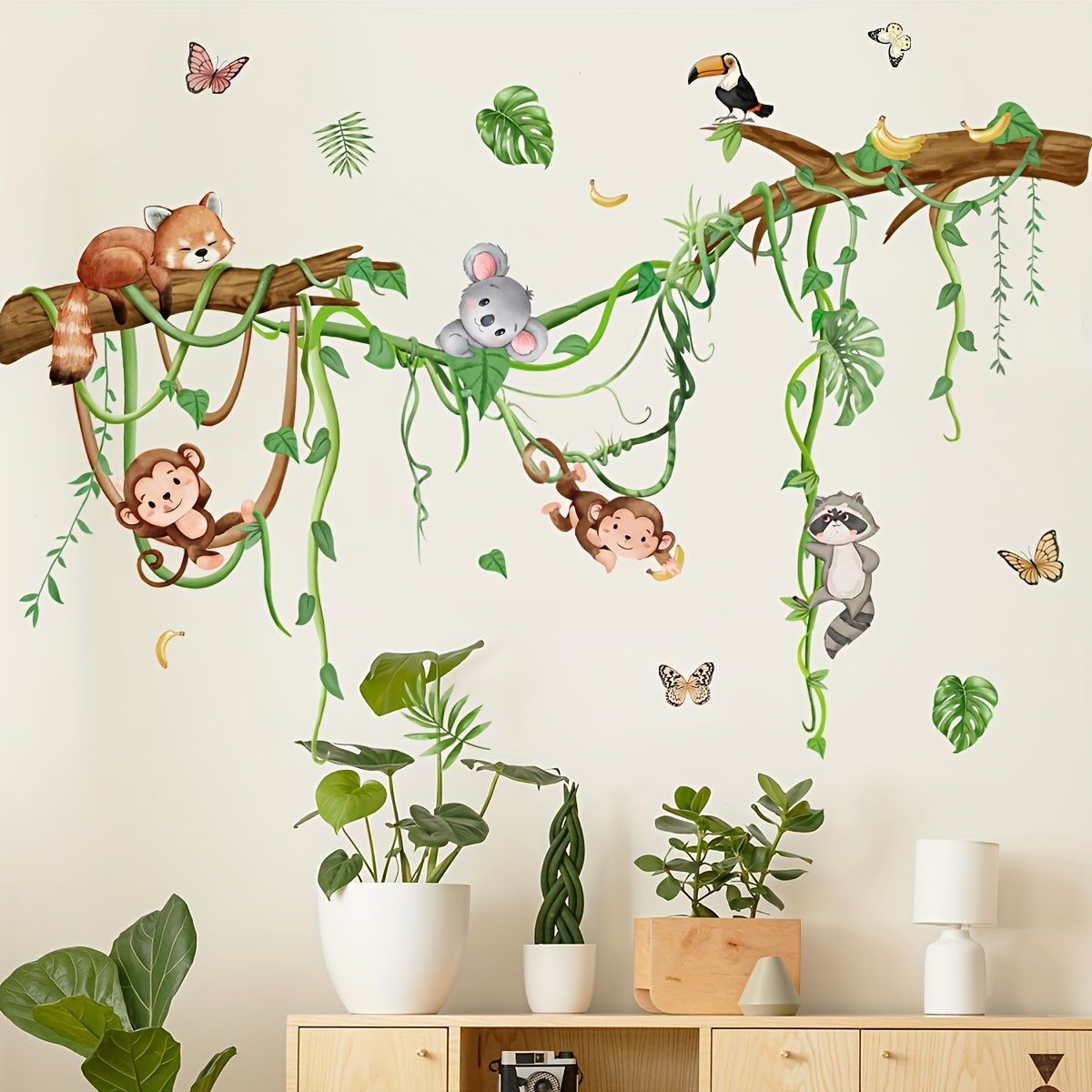 

1pc Jungle Animal Wall Decals, Creative Cartoon Vine Monkeys Forest , Removable Plastic Wall Stickers For Living Room & Bedroom, Kids Room Decor, Size 47.24 X 35.43 Inches