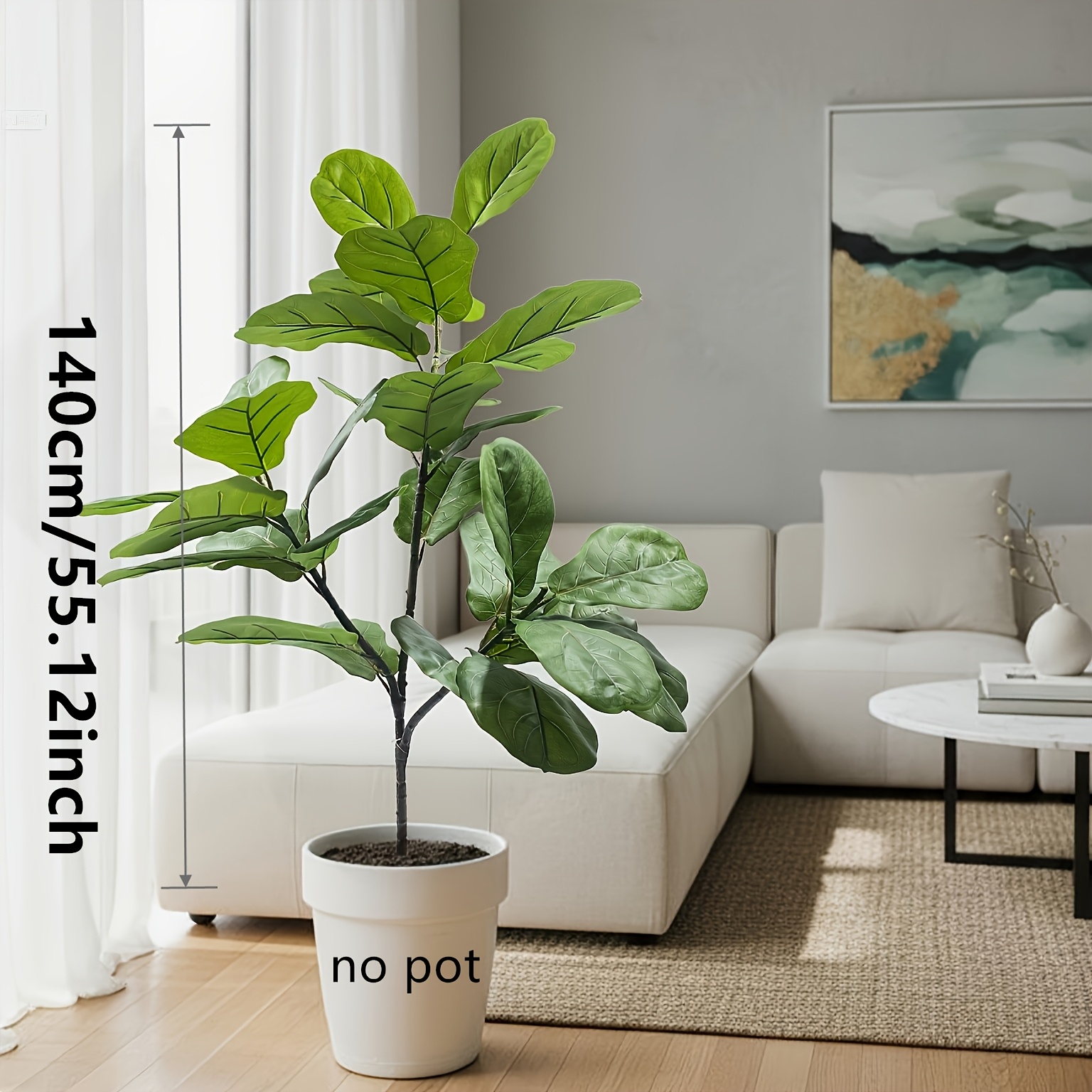 TEMU Highly Realistic Fiddle Leaf , 140cm - Lifelike Green Artificial Plant With Lifelike Leaves, No Pot Included, Suitable For Room Decor And